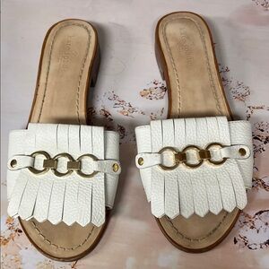 kate spade White Leather Fringe Slide Sandals with Gold Chain Accent